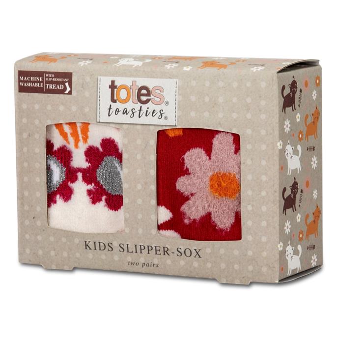 totes toasties® Kids Original Slipper-Sox (Twin Pack)  Cat / Flower Extra Image 1